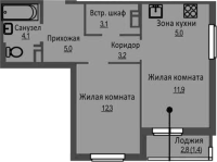 2-комнатная студия в жилом комлексе «Новый бронный»