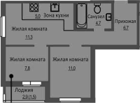 3-комнатная студия в жилом комлексе «Новый бронный»