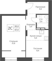 2-комнатная студия в жилом комлексе «Экоград 12 дворов»